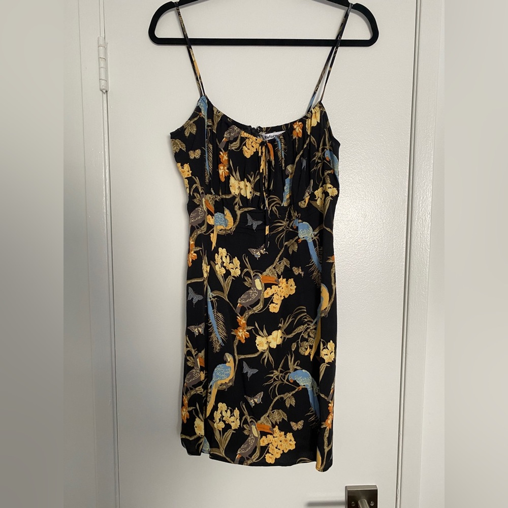 Reformation Tropical Bird Parrot Print mini dress